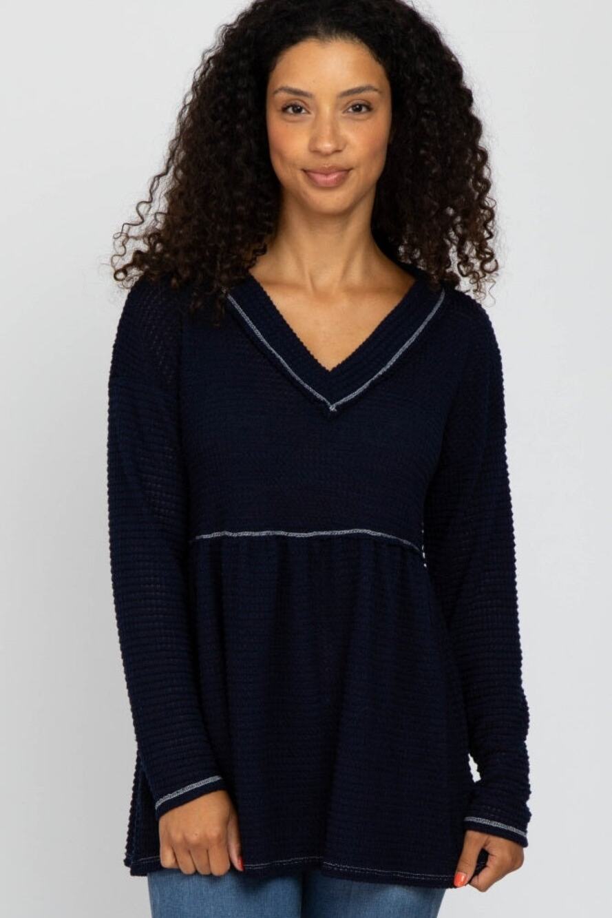 BiBi Navy Waffle Knit Babydoll Sweater Small White Contrast Trim Peplum Coquette